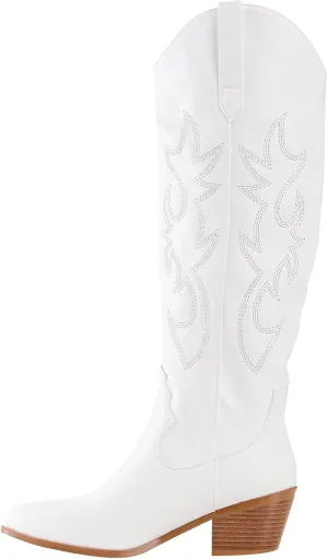 Women's Western Cowboy Boots, White Fashion Embroidered Knee-High for Women Chunky Heels cowgirl Boots
