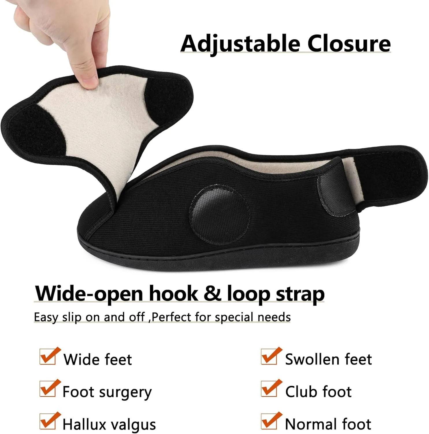Women's Wide Diabetic Slippers Adjustable Hook and Loop Memory Foam Arthritis Edema Swollen Feet House Shoes Comfortable Breathable Indoor/Outdoor Slip On Slippers
