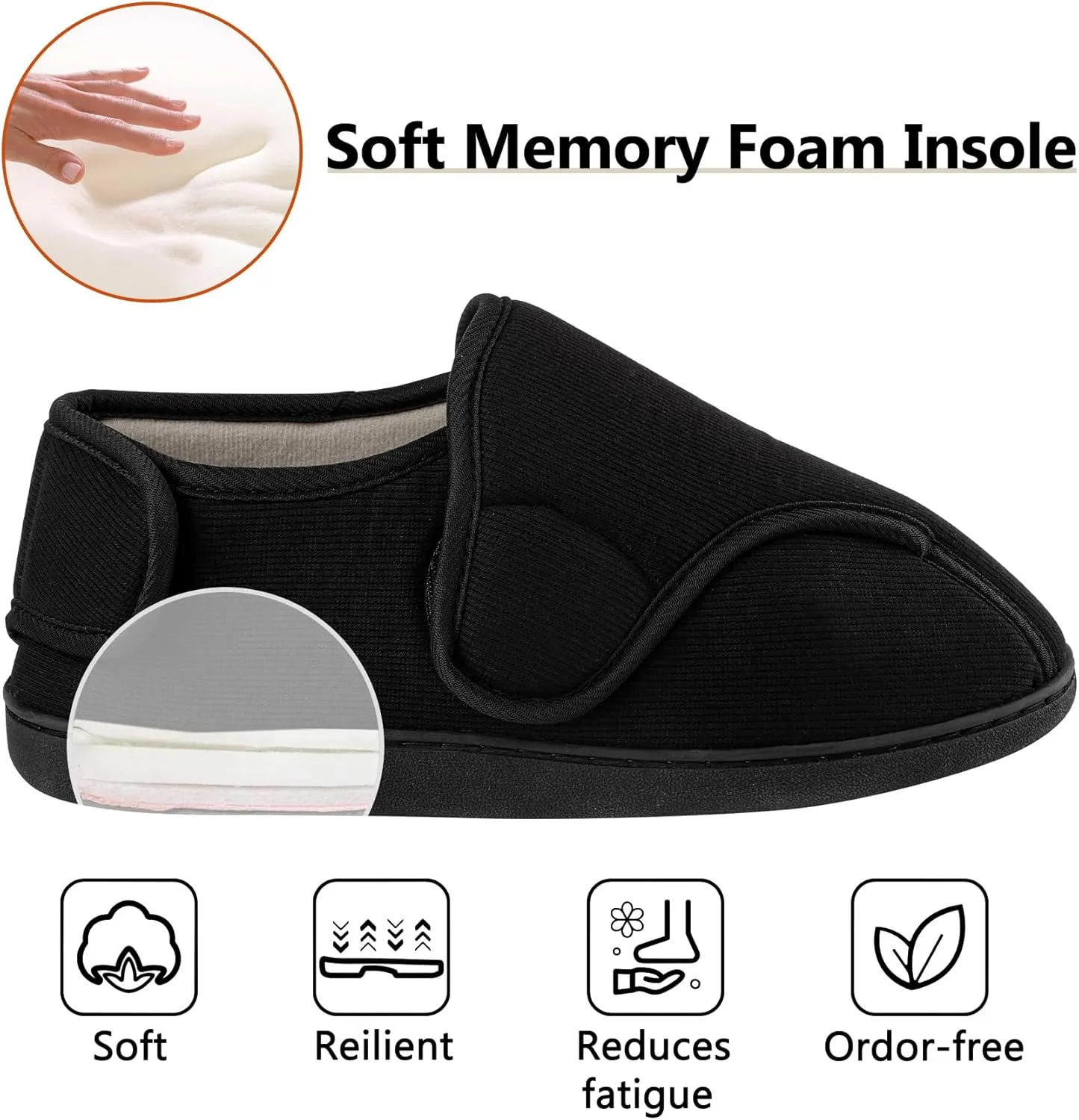 Women's Wide Diabetic Slippers Adjustable Hook and Loop Memory Foam Arthritis Edema Swollen Feet House Shoes Comfortable Breathable Indoor/Outdoor Slip On Slippers