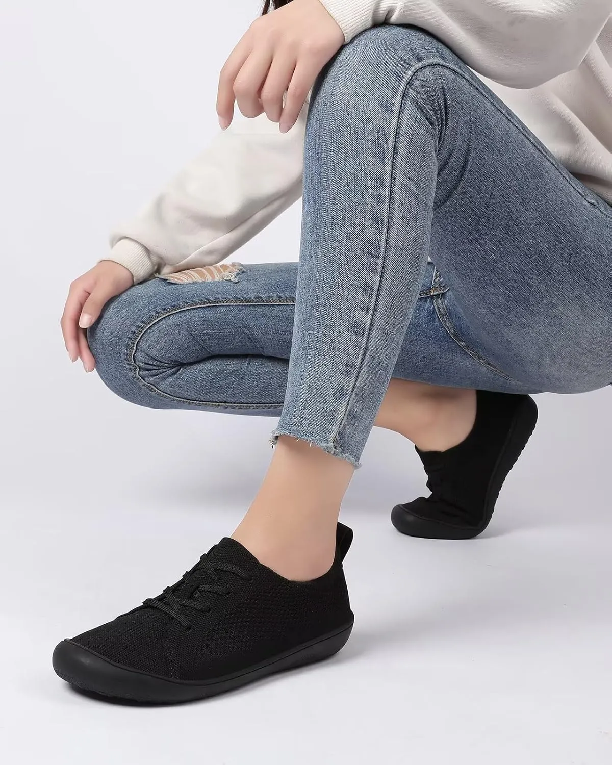 Women's Wide Toe Minimalist Barefoot Walking Shoes Comfort Low Top Knit Lace-up Sneakers Casual Outdoor Tennis Shoes