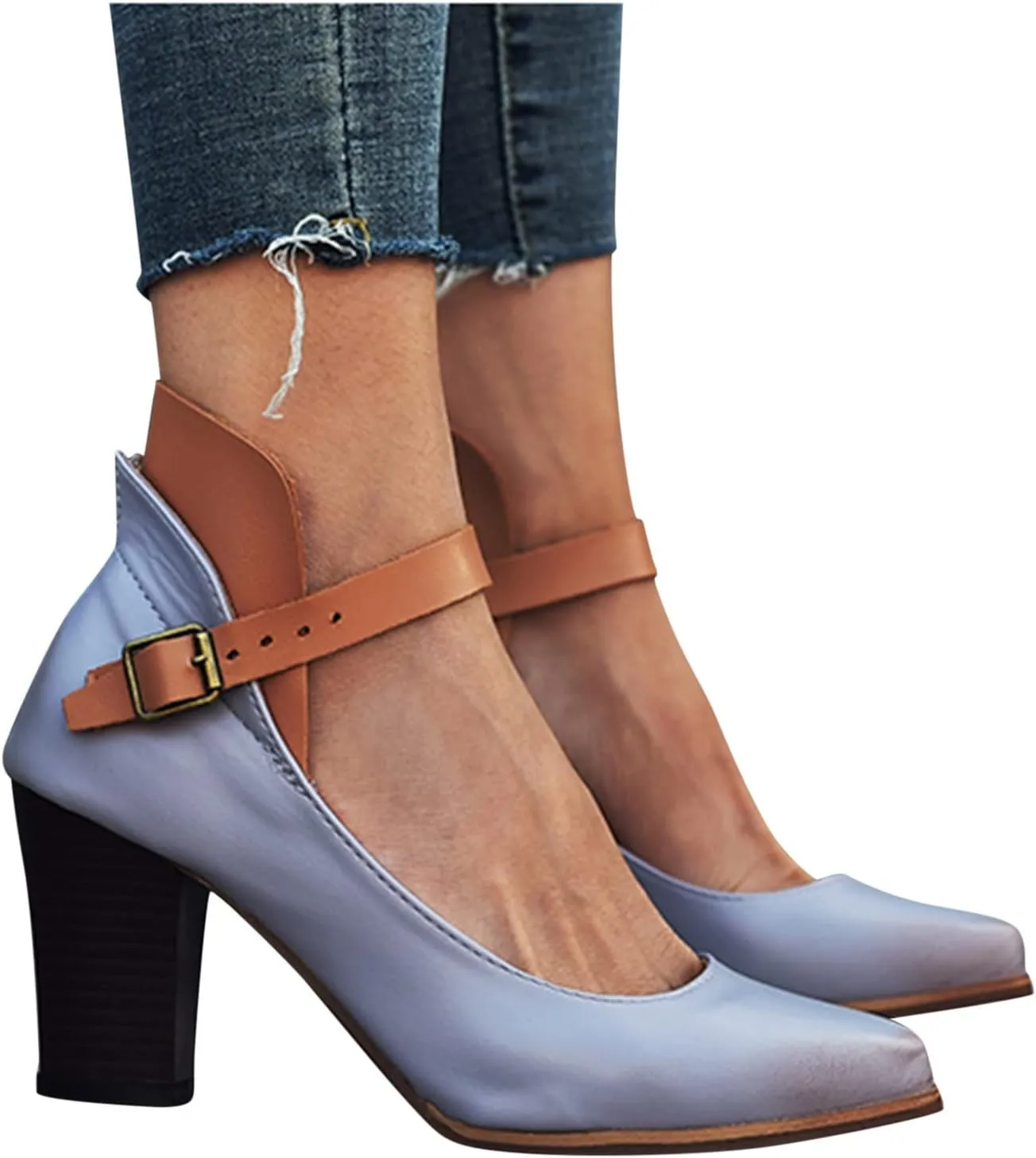 Work Shoes Shoes Single Women Shoes Leisure Toe Pointed Color Strap Heels Solid Buckle High Women's Pumps Metallic Heels