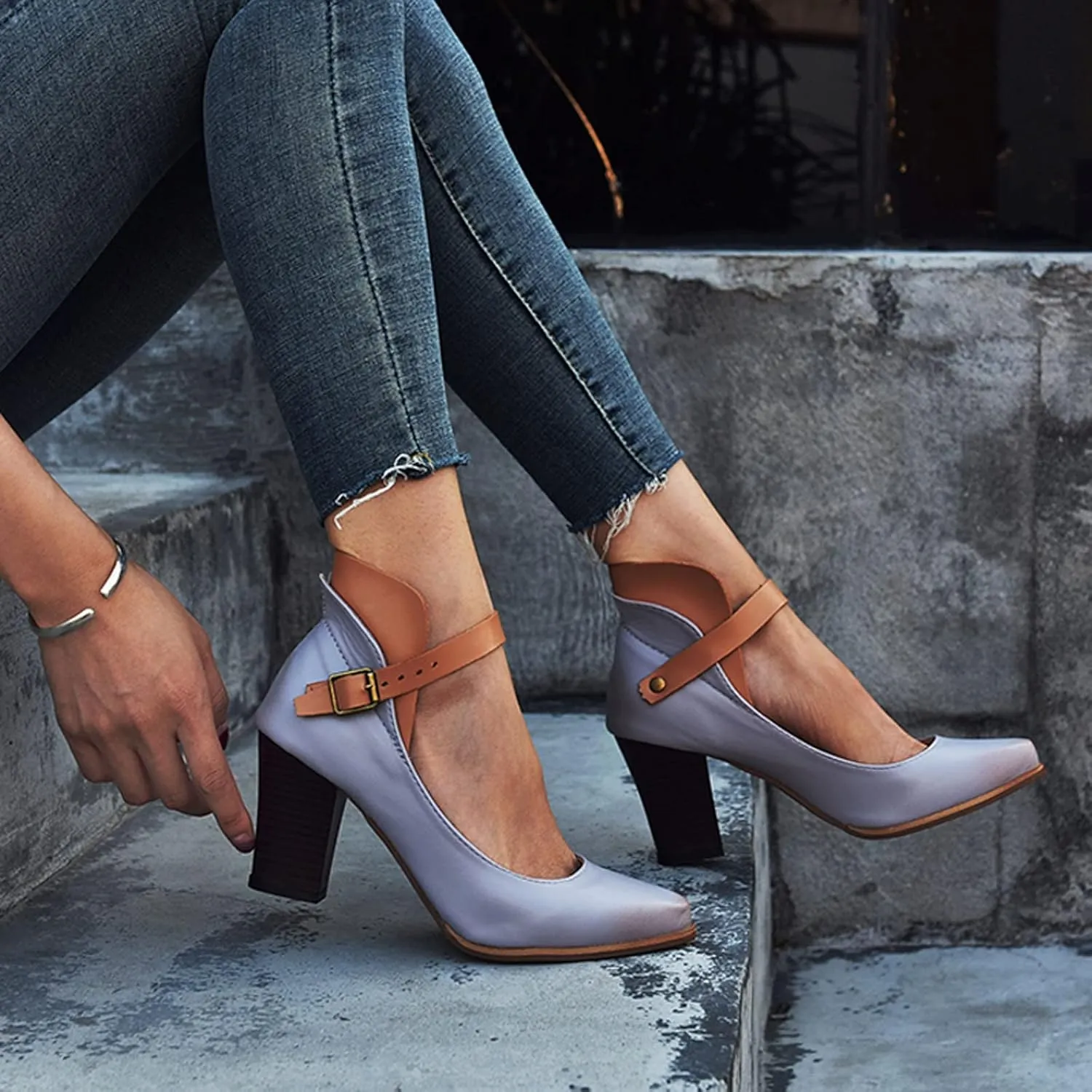 Work Shoes Shoes Single Women Shoes Leisure Toe Pointed Color Strap Heels Solid Buckle High Women's Pumps Metallic Heels