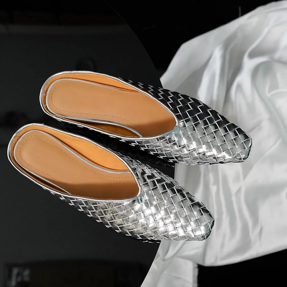 Woven Mules for Women Metallic Leather Slides Ladies Trendy Comfortable Square Toe Hidden Wedge Heels