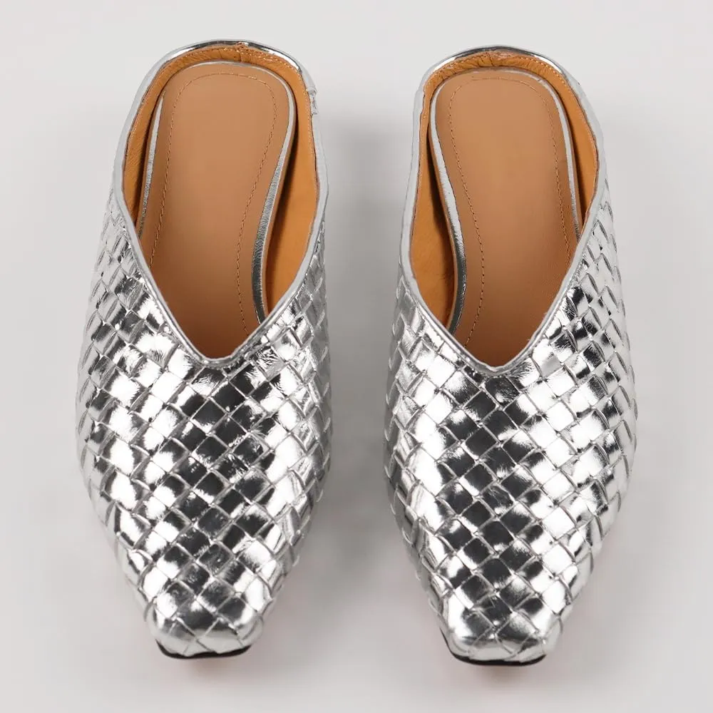 Woven Mules for Women Metallic Leather Slides Ladies Trendy Comfortable Square Toe Hidden Wedge Heels