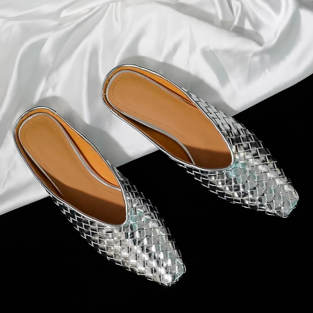 Woven Mules for Women Metallic Leather Slides Ladies Trendy Comfortable Square Toe Hidden Wedge Heels