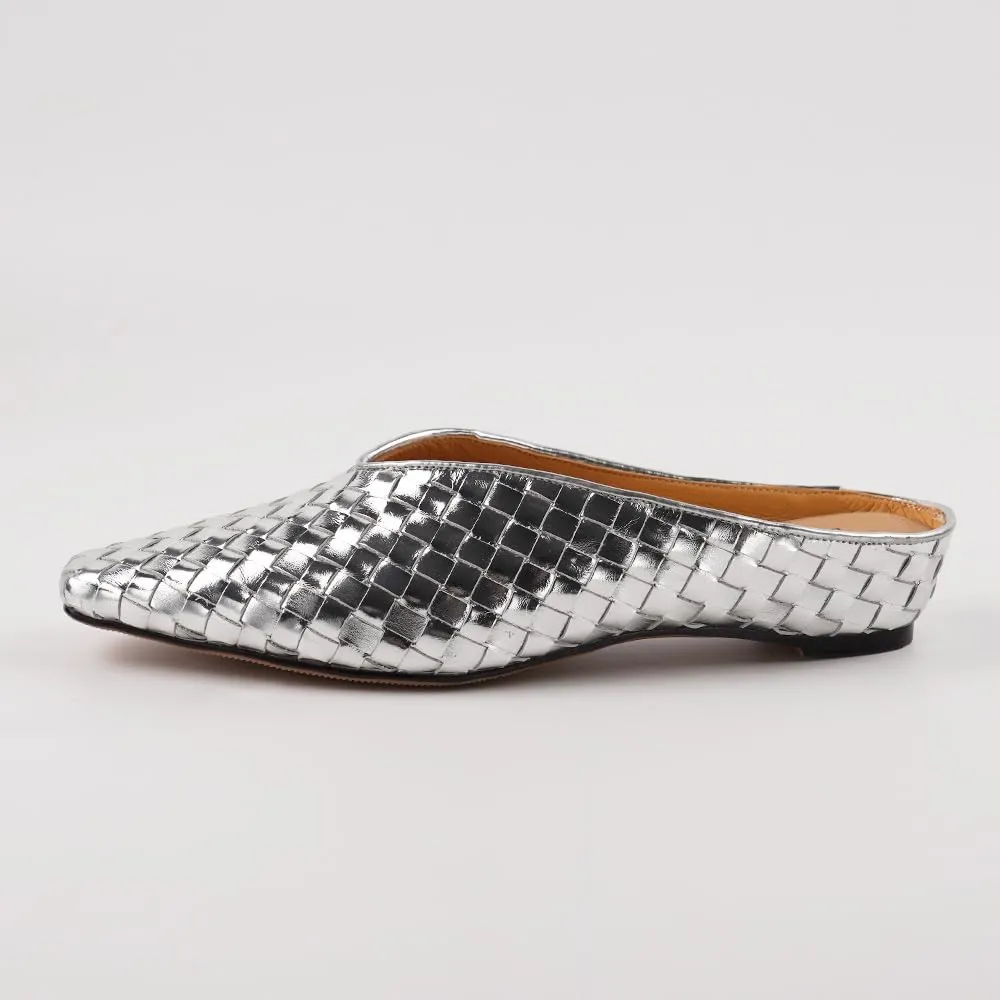 Woven Mules for Women Metallic Leather Slides Ladies Trendy Comfortable Square Toe Hidden Wedge Heels
