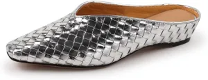 Woven Mules for Women Metallic Leather Slides Ladies Trendy Comfortable Square Toe Hidden Wedge Heels