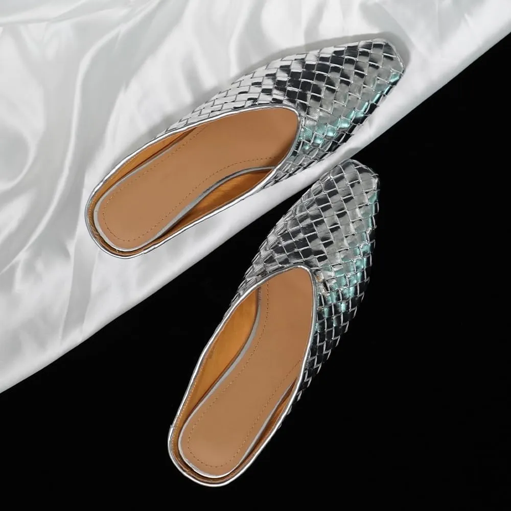 Woven Mules for Women Metallic Leather Slides Ladies Trendy Comfortable Square Toe Hidden Wedge Heels