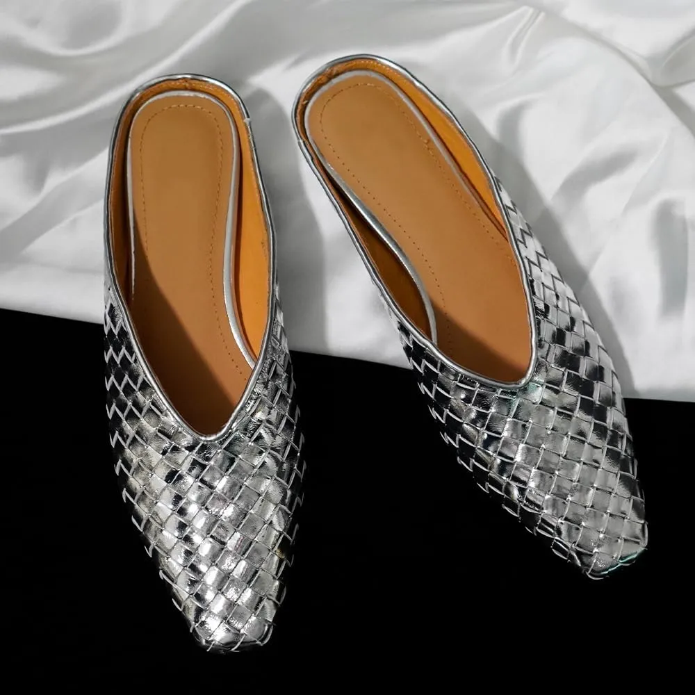 Woven Mules for Women Metallic Leather Slides Ladies Trendy Comfortable Square Toe Hidden Wedge Heels