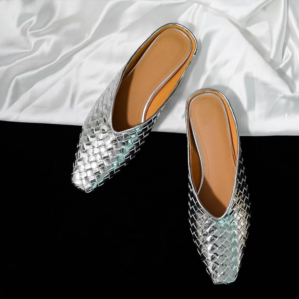 Woven Mules for Women Metallic Leather Slides Ladies Trendy Comfortable Square Toe Hidden Wedge Heels