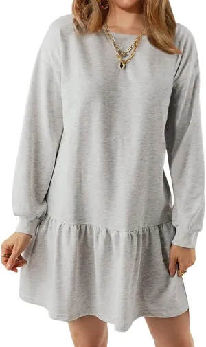 Wowcarbazole Womens Fall Long Sleeve Crewneck Oversized Sweatshirt Dress Casual Loose Fit Solid Color Cute Mini Dresses