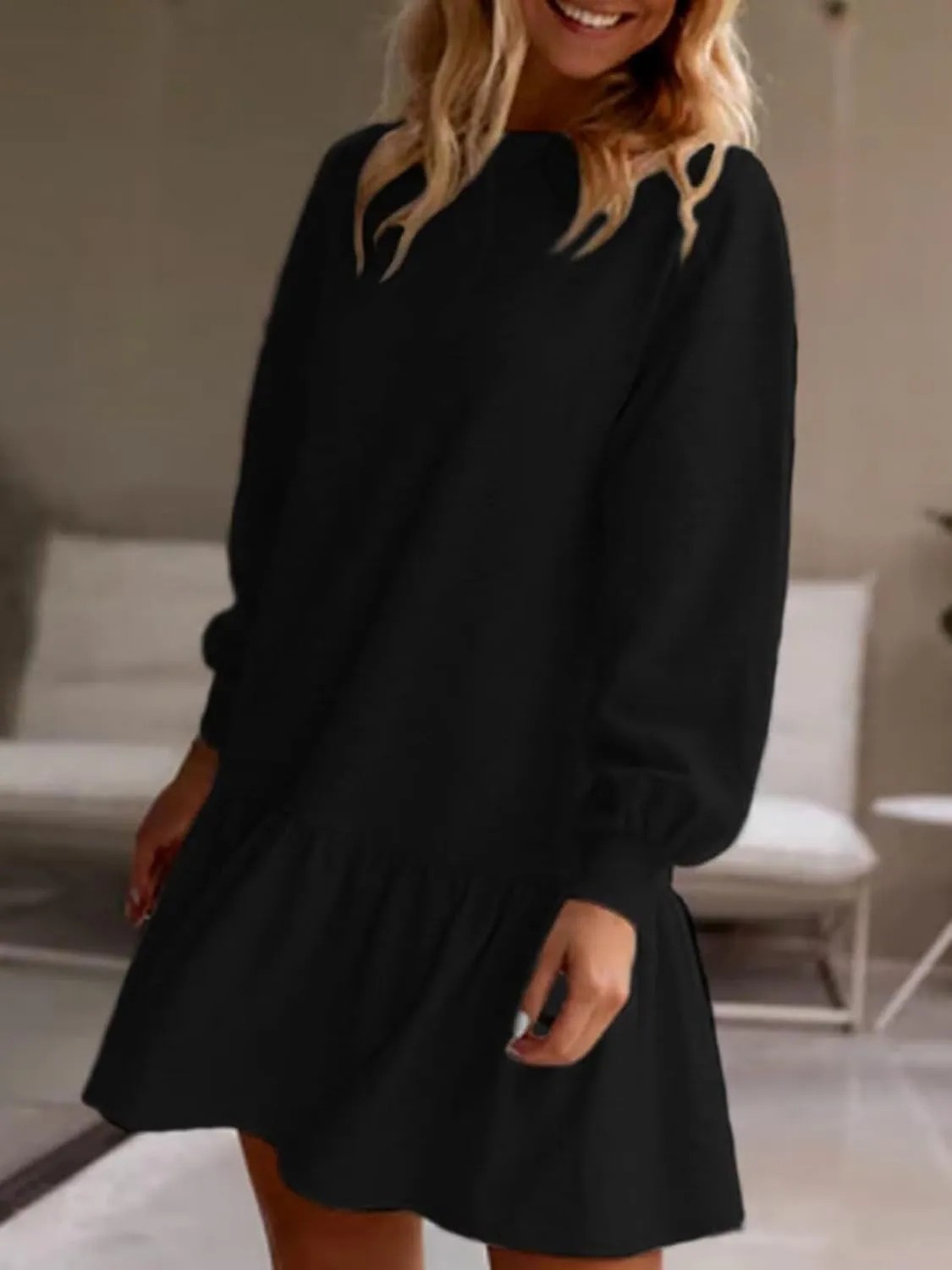 Wowcarbazole Womens Fall Long Sleeve Crewneck Oversized Sweatshirt Dress Casual Loose Fit Solid Color Cute Mini Dresses