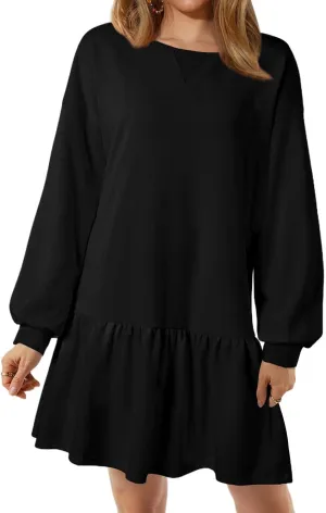 Wowcarbazole Womens Fall Long Sleeve Crewneck Oversized Sweatshirt Dress Casual Loose Fit Solid Color Cute Mini Dresses