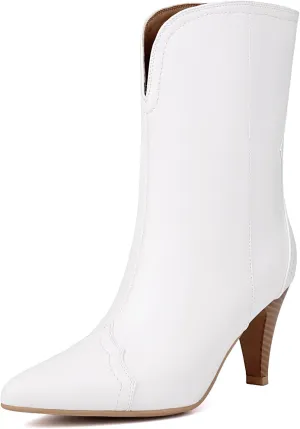 XIEDA Women's Mid Calf High Heel Boots Pointed Toe Pull On Fashion Heeled Boots