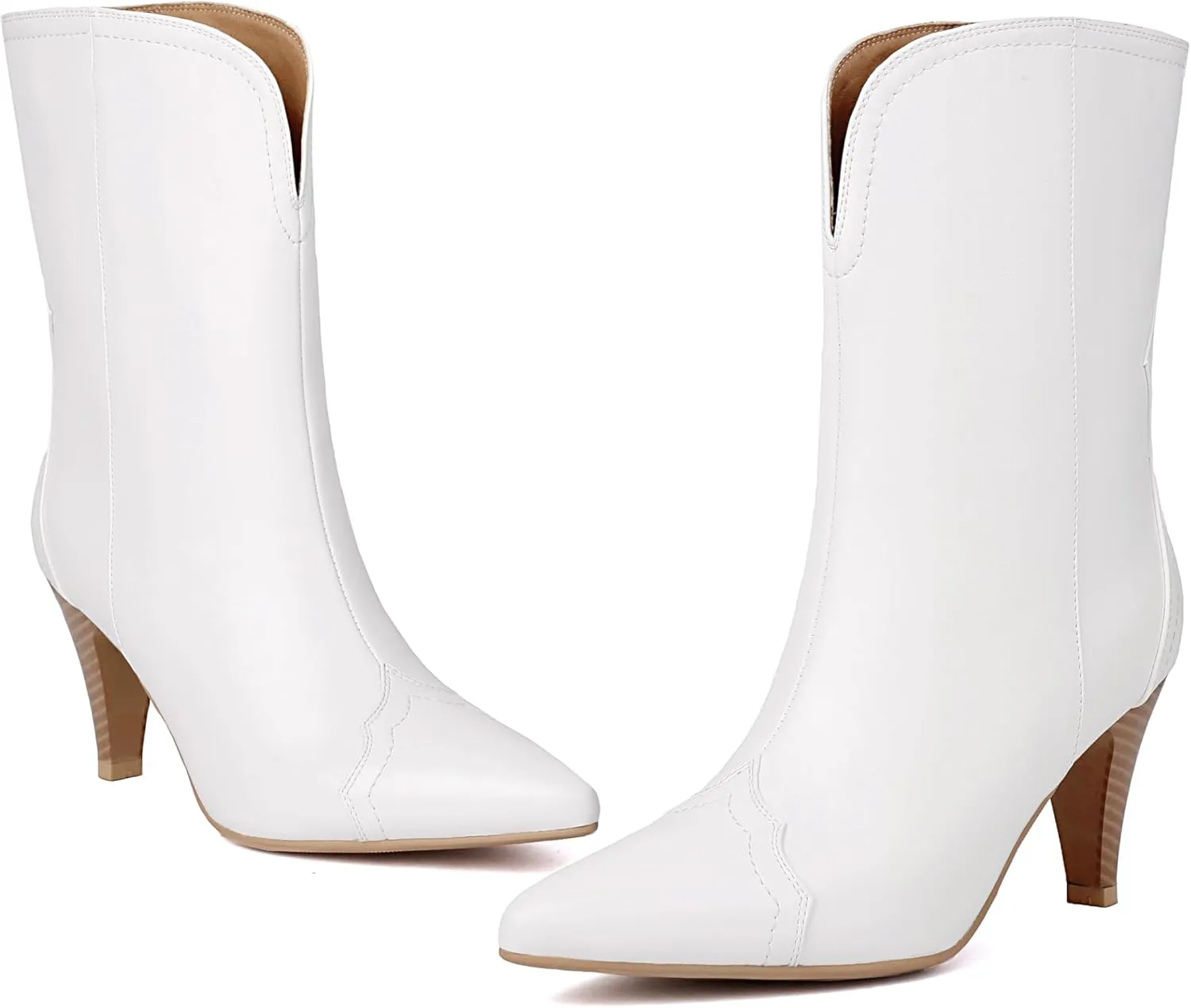 XIEDA Women's Mid Calf High Heel Boots Pointed Toe Pull On Fashion Heeled Boots
