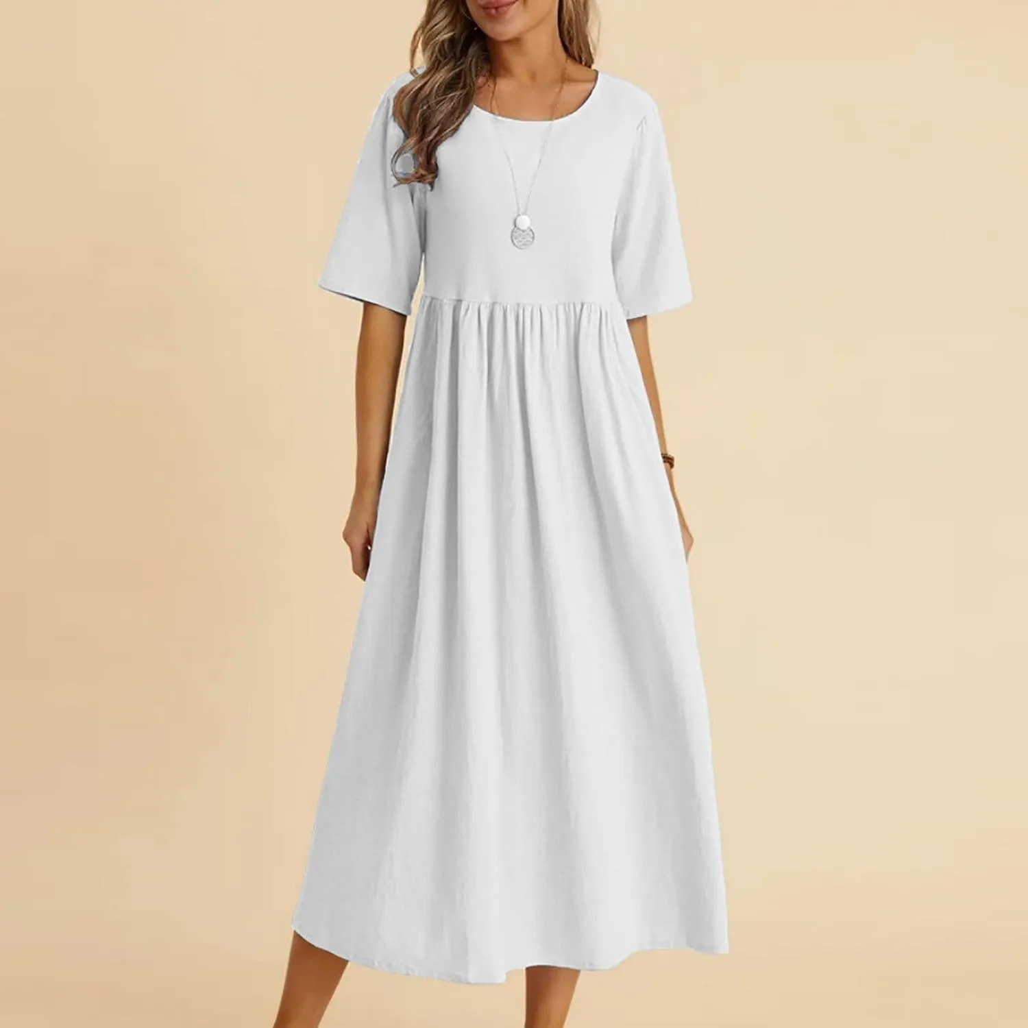 XUNRYAN 2025 Summer Dress Womens Cotton Linen Midi Dresses Puff Short Sleeve High Waisted Pleated Flowy Casual Beach Sundress