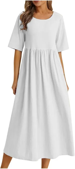 XUNRYAN 2025 Summer Dress Womens Cotton Linen Midi Dresses Puff Short Sleeve High Waisted Pleated Flowy Casual Beach Sundress