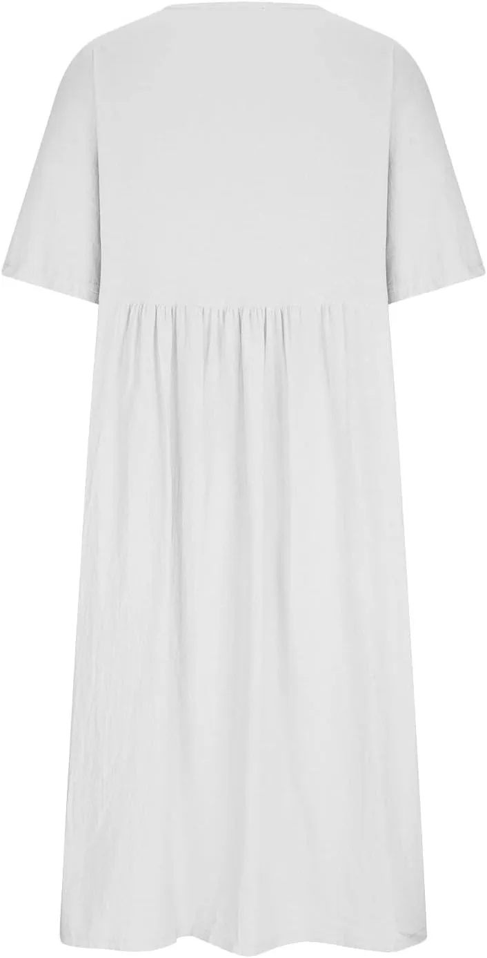 XUNRYAN 2025 Summer Dress Womens Cotton Linen Midi Dresses Puff Short Sleeve High Waisted Pleated Flowy Casual Beach Sundress