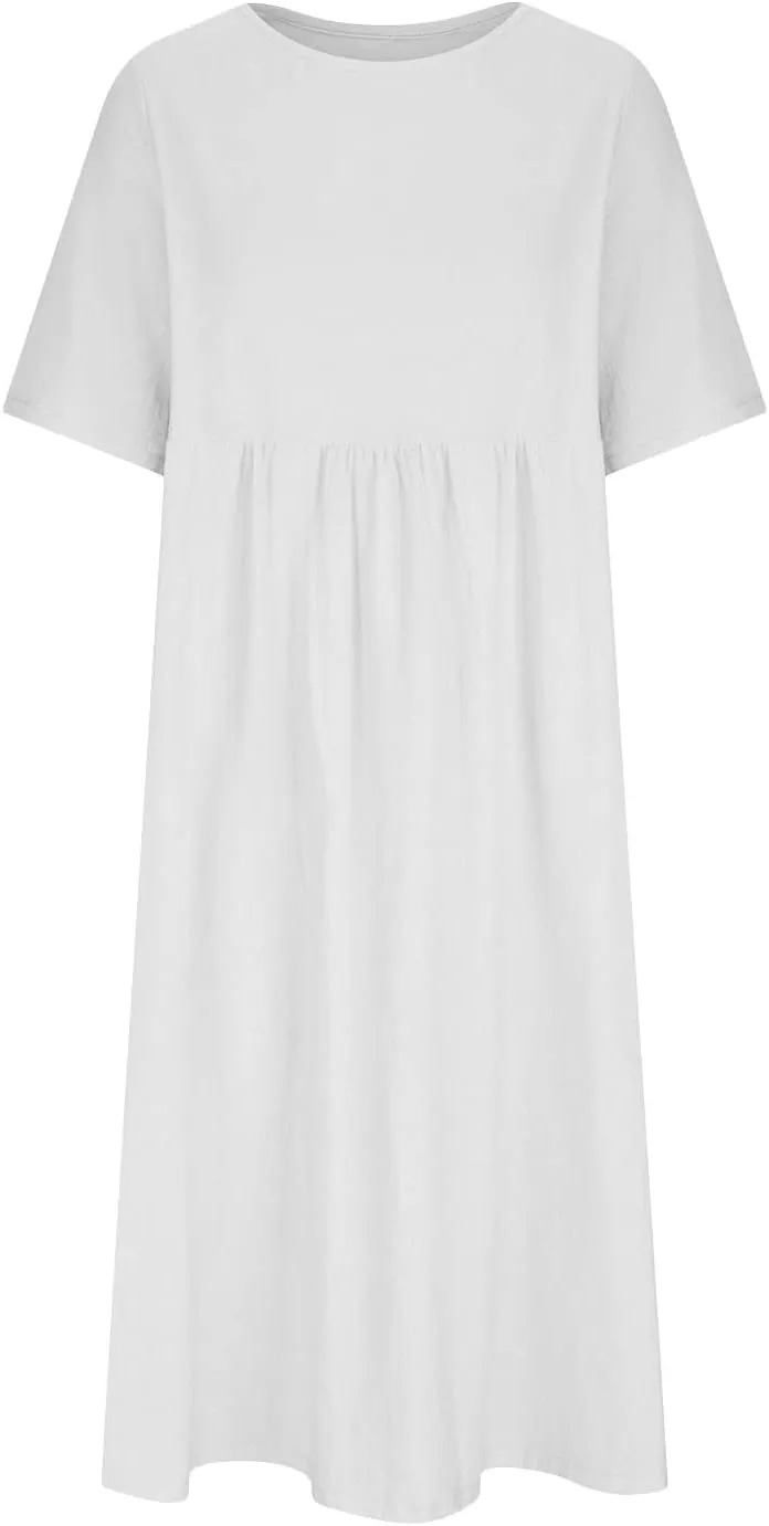XUNRYAN 2025 Summer Dress Womens Cotton Linen Midi Dresses Puff Short Sleeve High Waisted Pleated Flowy Casual Beach Sundress
