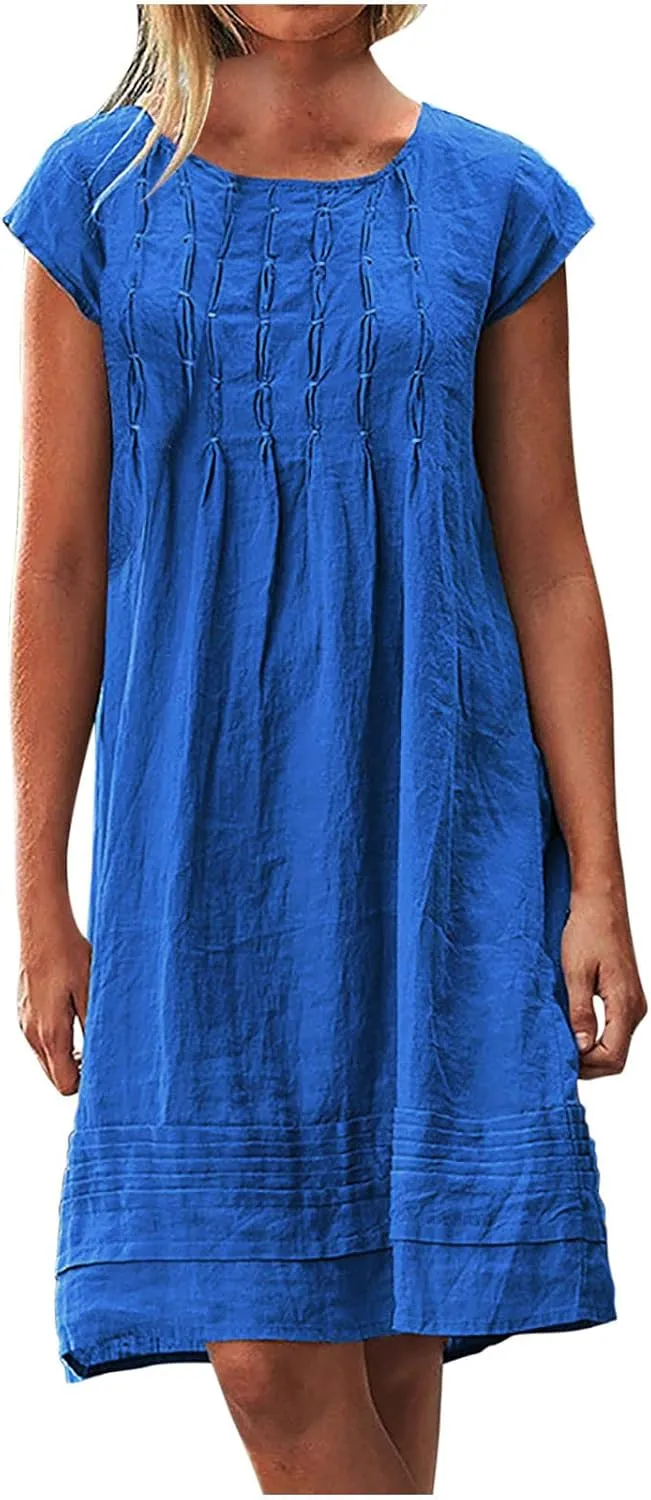 XUNRYAN 2025 Summer Dresses Womens Cotton Linen Shirt Mini Dress Short Sleeve Casual Pleated Beach Sundress Ladies Clothes