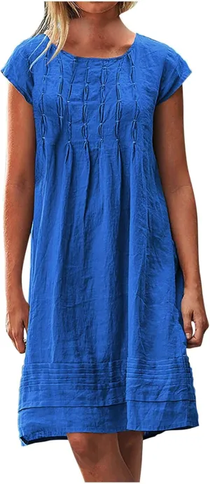 XUNRYAN 2025 Summer Dresses Womens Cotton Linen Shirt Mini Dress Short Sleeve Casual Pleated Beach Sundress Ladies Clothes