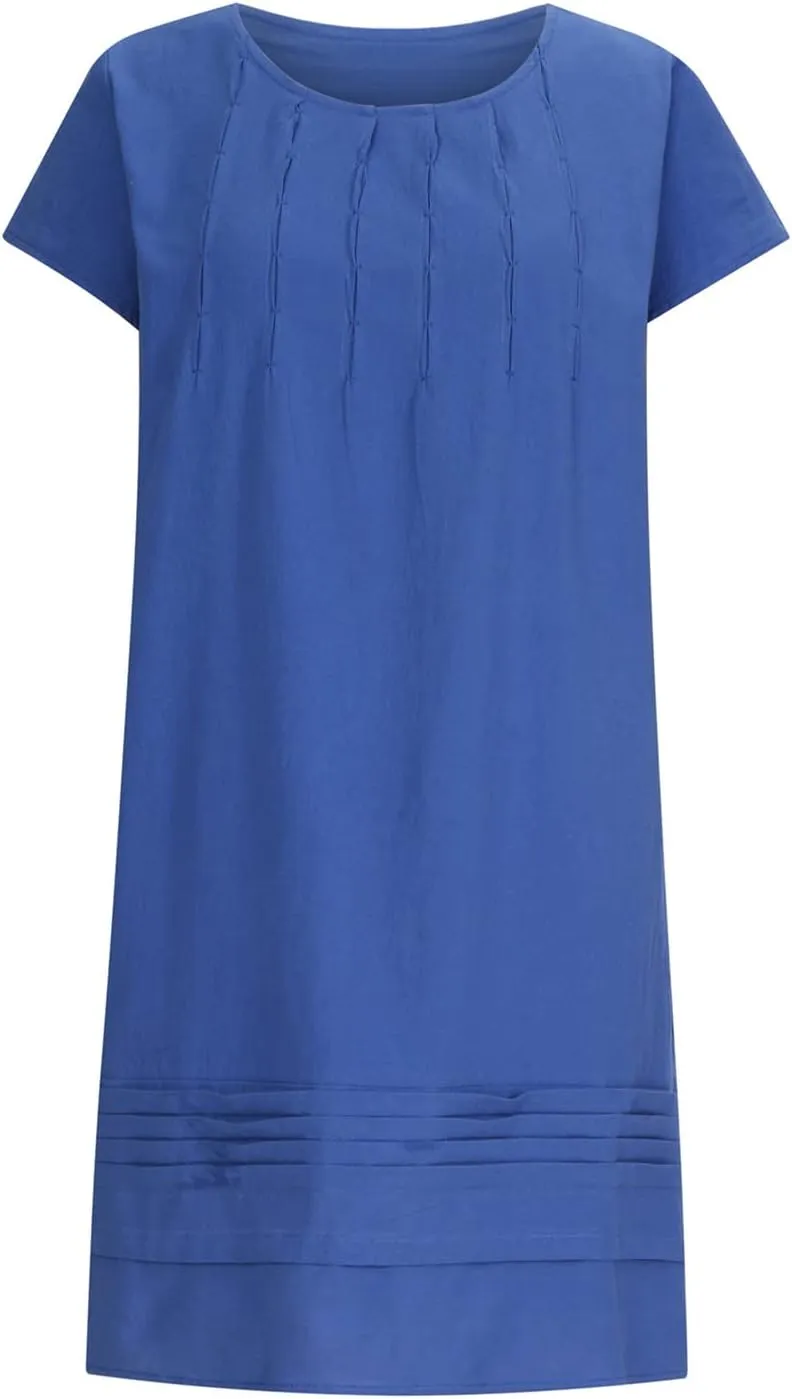 XUNRYAN 2025 Summer Dresses Womens Cotton Linen Shirt Mini Dress Short Sleeve Casual Pleated Beach Sundress Ladies Clothes