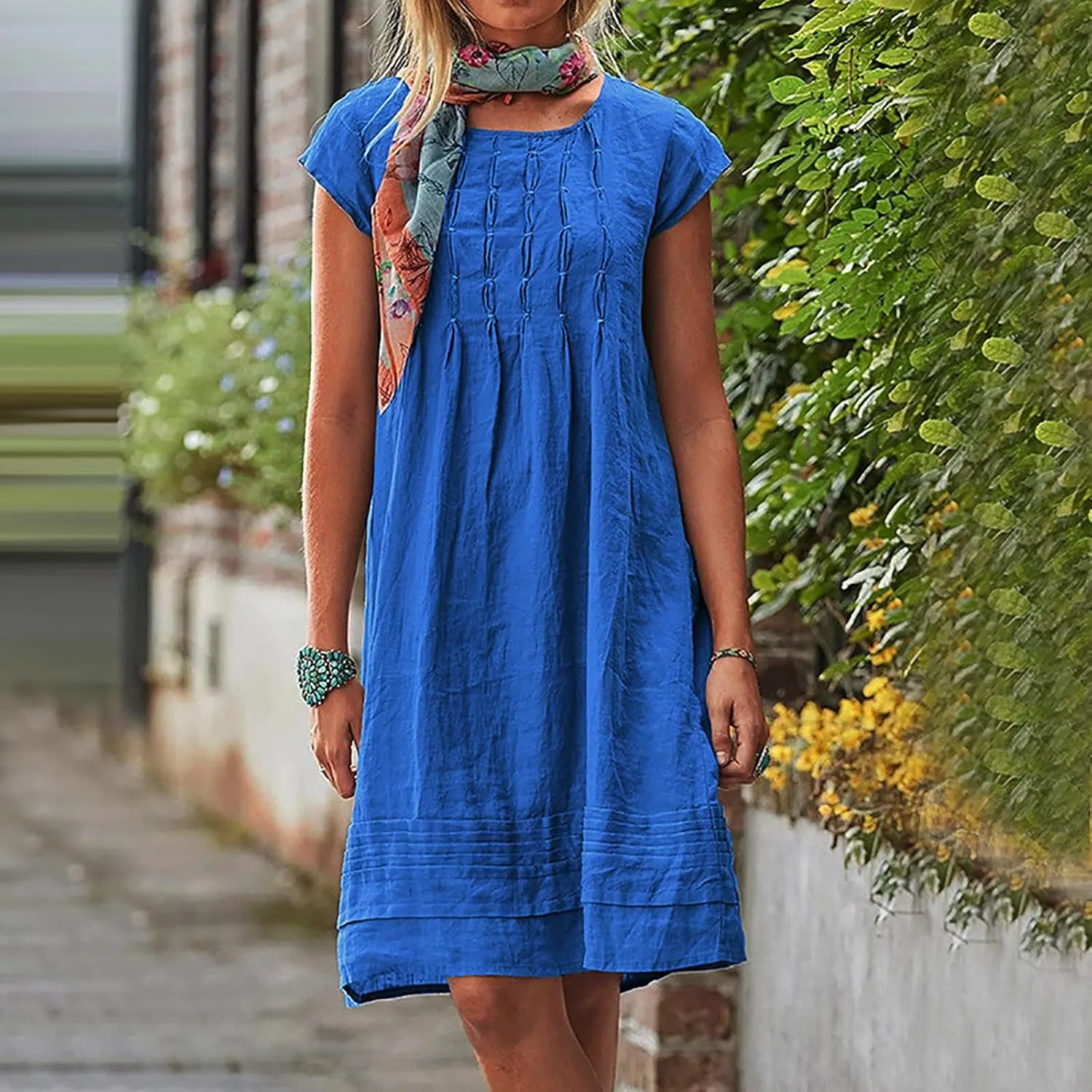 XUNRYAN 2025 Summer Dresses Womens Cotton Linen Shirt Mini Dress Short Sleeve Casual Pleated Beach Sundress Ladies Clothes
