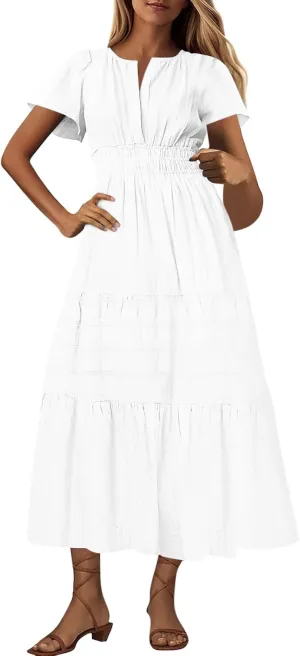 XUNRYAN 2025 Womens Summer Casual Maxi Dresses Lightweight Short Sleeve V-Neck Elastic Waist Boho Dress Beach Sundress
