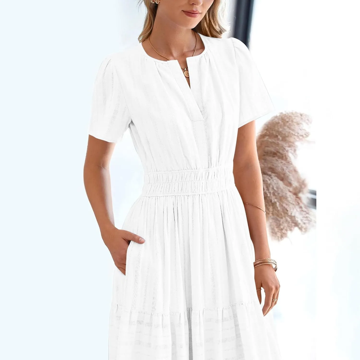 XUNRYAN 2025 Womens Summer Casual Maxi Dresses Lightweight Short Sleeve V-Neck Elastic Waist Boho Dress Beach Sundress