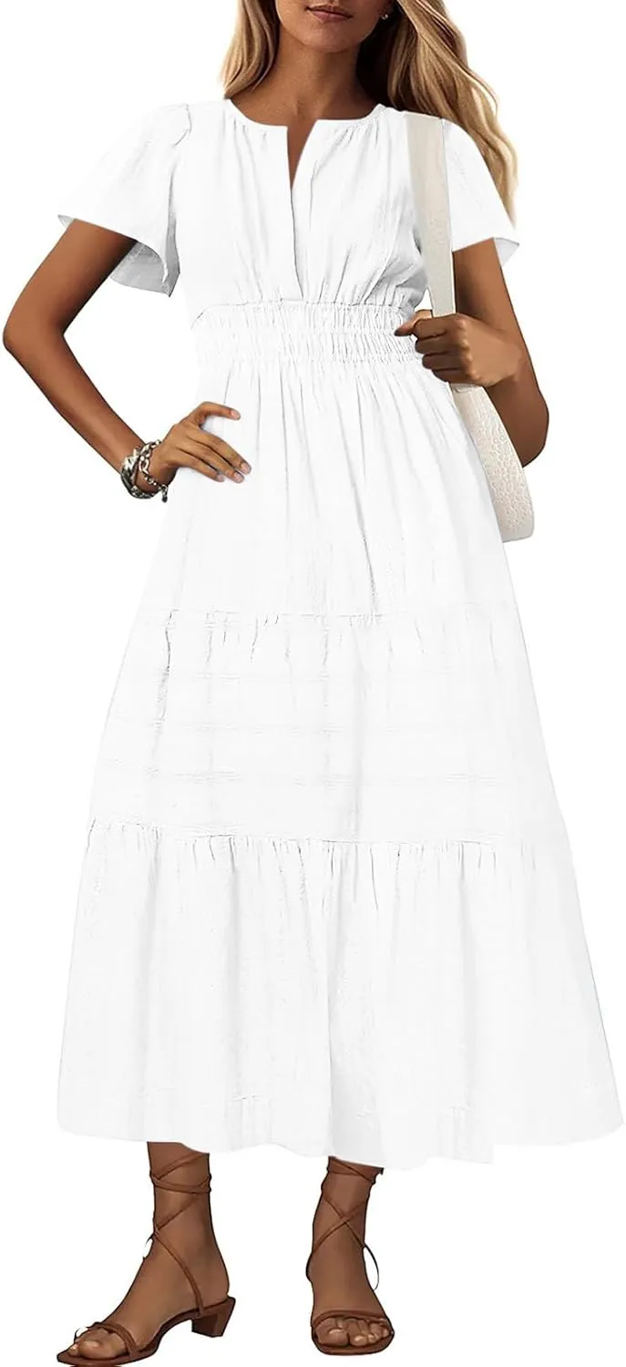 XUNRYAN 2025 Womens Summer Casual Maxi Dresses Lightweight Short Sleeve V-Neck Elastic Waist Boho Dress Beach Sundress