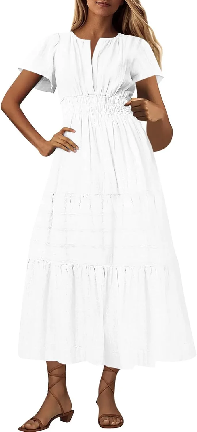 XUNRYAN 2025 Womens Summer Casual Maxi Dresses Lightweight Short Sleeve V-Neck Elastic Waist Boho Dress Beach Sundress