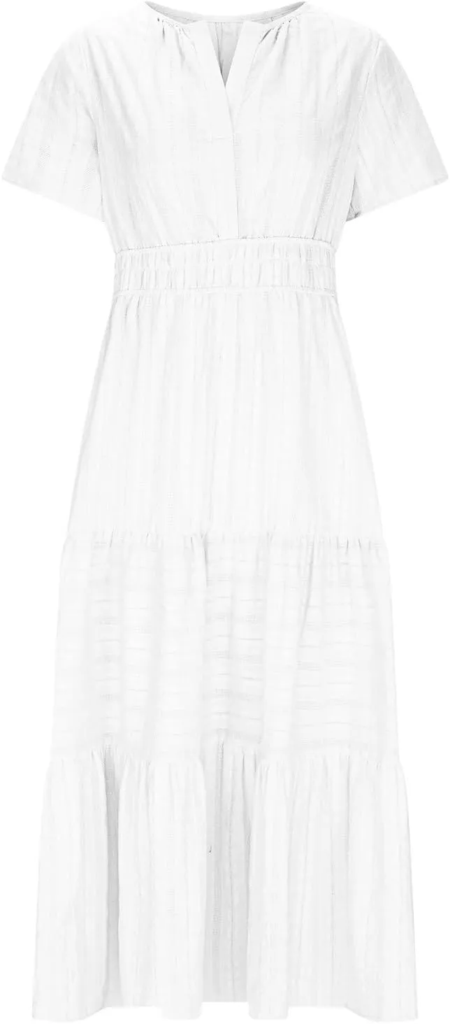 XUNRYAN 2025 Womens Summer Casual Maxi Dresses Lightweight Short Sleeve V-Neck Elastic Waist Boho Dress Beach Sundress
