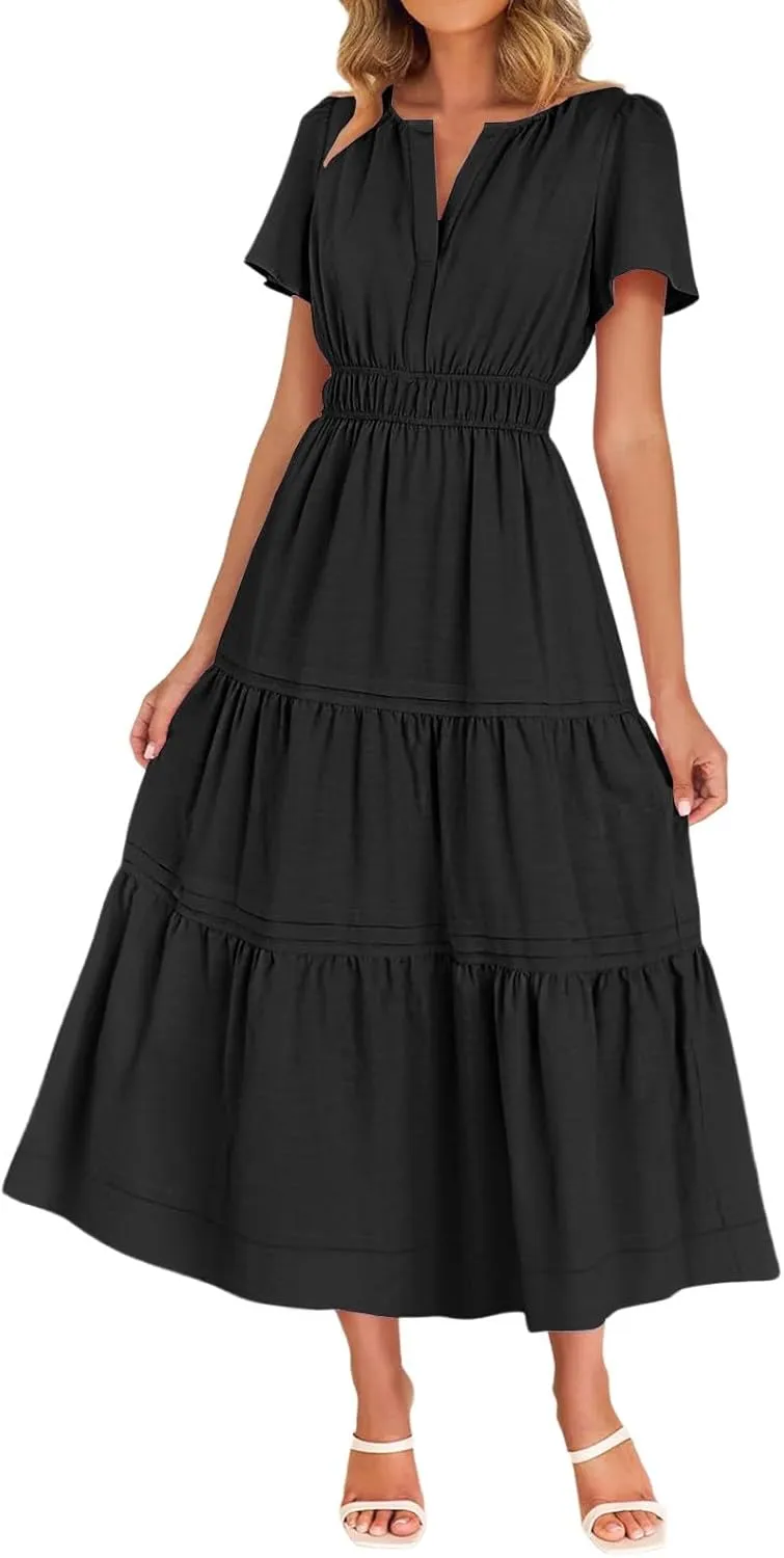 XUNRYAN 2025 Womens Summer Casual Midi Dresses Short Sleeve V Neck Elastic Waist Elegant Boho Flowy Long Dress Beach Sundress