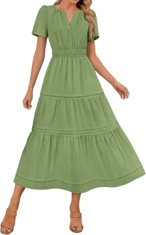 XUNRYAN 2025 Womens Summer Casual Midi Dresses Short Sleeve V Neck Elastic Waist Elegant Boho Flowy Long Dress Beach Sundress