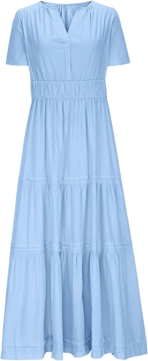 XUNRYAN 2025 Womens Summer Casual Midi Dresses Short Sleeve V Neck Elastic Waist Elegant Boho Flowy Long Dress Beach Sundress