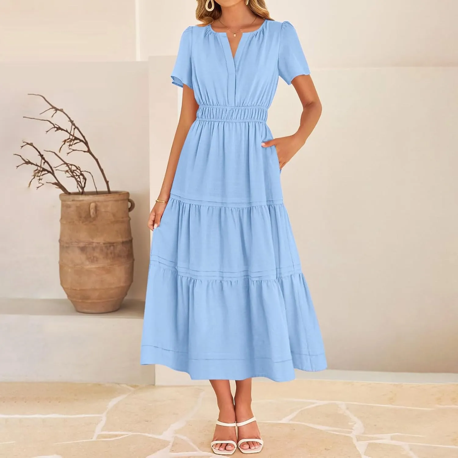 XUNRYAN 2025 Womens Summer Casual Midi Dresses Short Sleeve V Neck Elastic Waist Elegant Boho Flowy Long Dress Beach Sundress