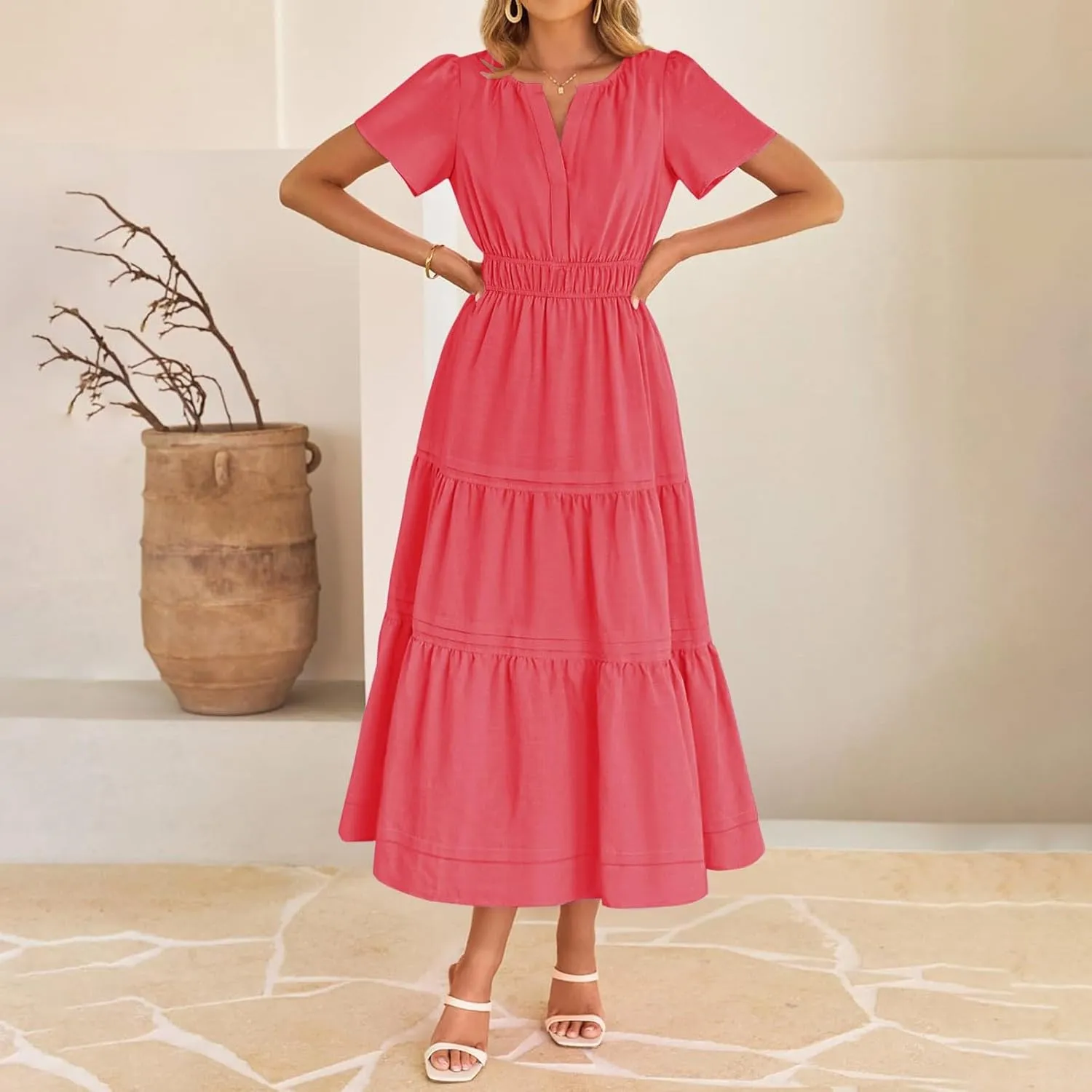 XUNRYAN 2025 Womens Summer Casual Midi Dresses Short Sleeve V Neck Elastic Waist Elegant Boho Flowy Long Dress Beach Sundress