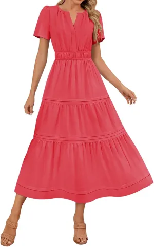 XUNRYAN 2025 Womens Summer Casual Midi Dresses Short Sleeve V Neck Elastic Waist Elegant Boho Flowy Long Dress Beach Sundress