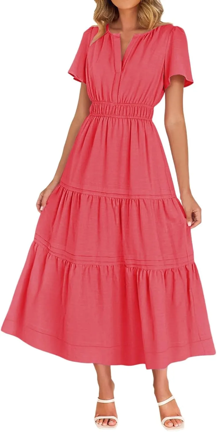XUNRYAN 2025 Womens Summer Casual Midi Dresses Short Sleeve V Neck Elastic Waist Elegant Boho Flowy Long Dress Beach Sundress