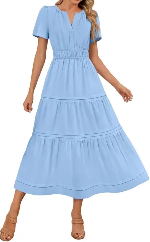 XUNRYAN 2025 Womens Summer Casual Midi Dresses Short Sleeve V Neck Elastic Waist Elegant Boho Flowy Long Dress Beach Sundress