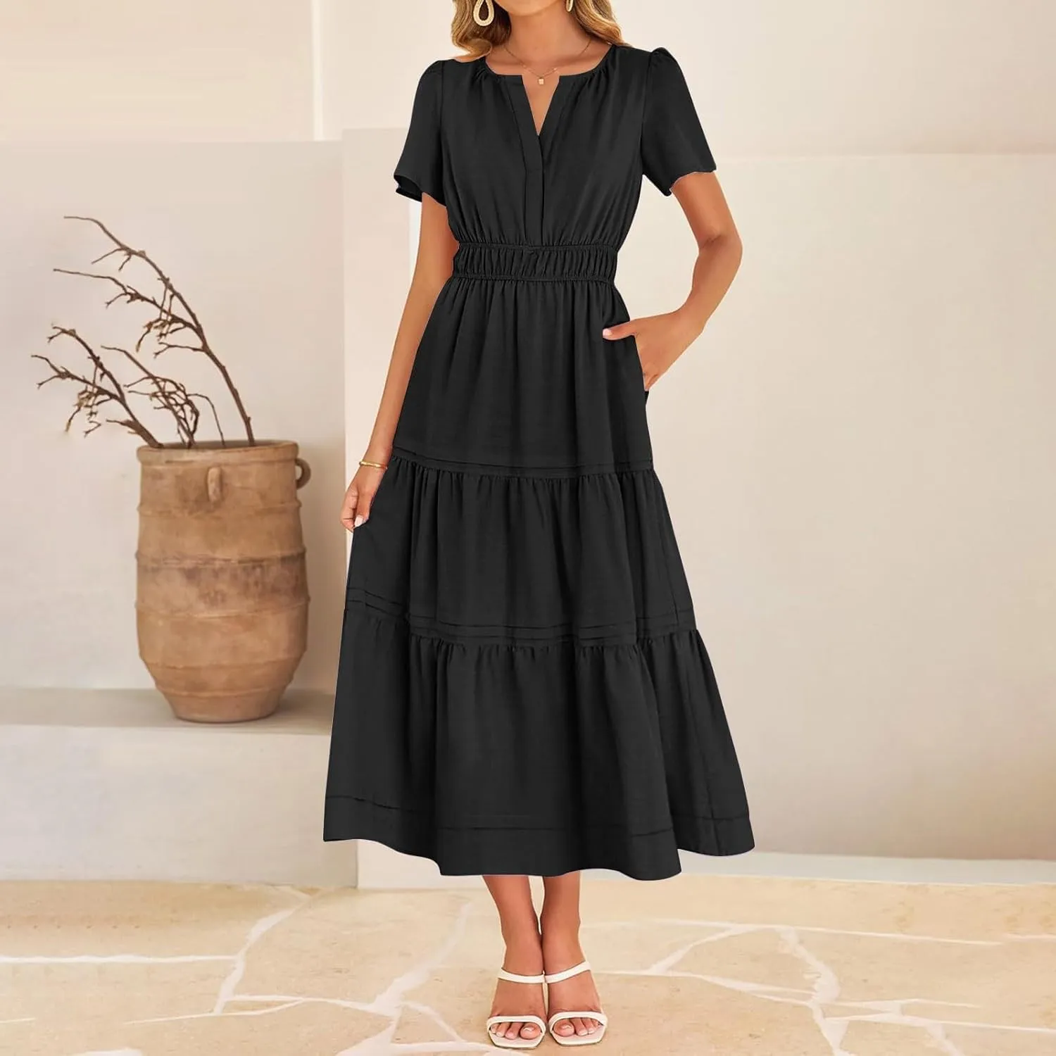 XUNRYAN 2025 Womens Summer Casual Midi Dresses Short Sleeve V Neck Elastic Waist Elegant Boho Flowy Long Dress Beach Sundress