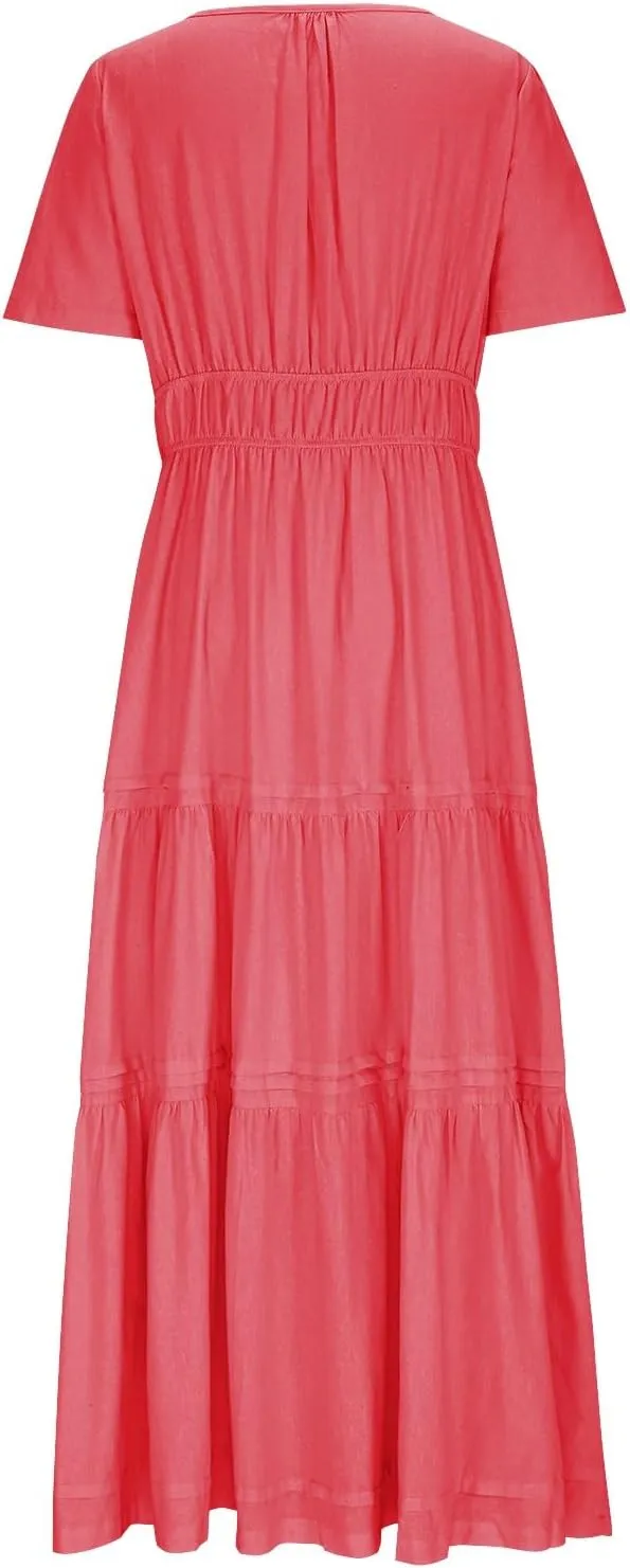 XUNRYAN 2025 Womens Summer Casual Midi Dresses Short Sleeve V Neck Elastic Waist Elegant Boho Flowy Long Dress Beach Sundress