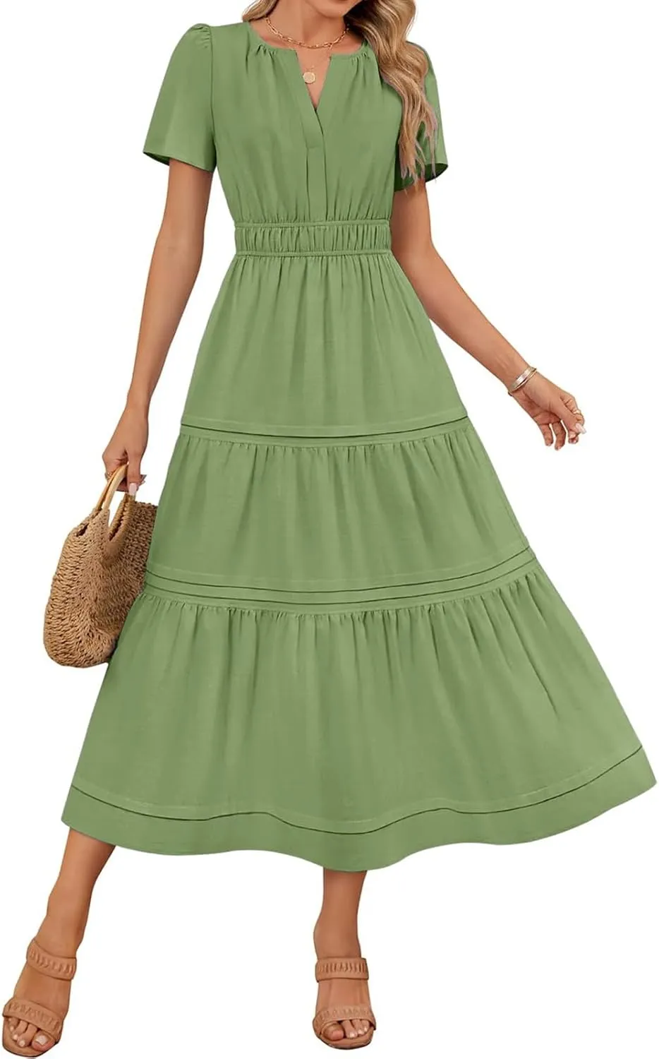XUNRYAN 2025 Womens Summer Casual Midi Dresses Short Sleeve V Neck Elastic Waist Elegant Boho Flowy Long Dress Beach Sundress