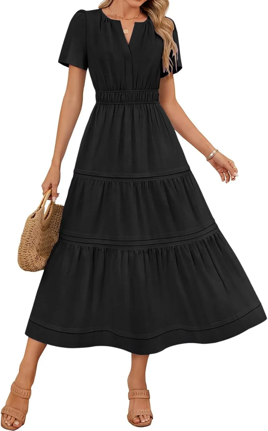 XUNRYAN 2025 Womens Summer Casual Midi Dresses Short Sleeve V Neck Elastic Waist Elegant Boho Flowy Long Dress Beach Sundress