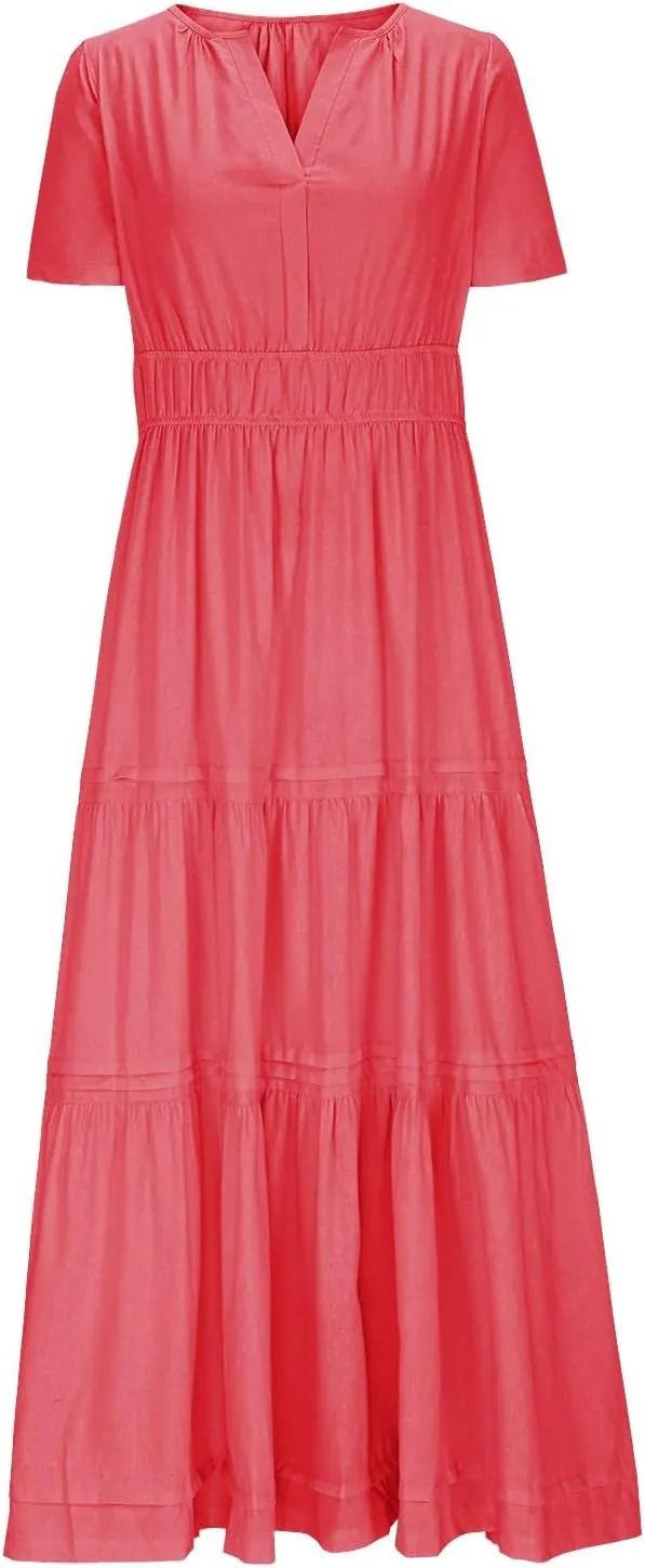 XUNRYAN 2025 Womens Summer Casual Midi Dresses Short Sleeve V Neck Elastic Waist Elegant Boho Flowy Long Dress Beach Sundress
