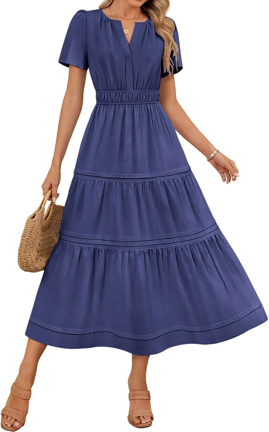 XUNRYAN 2025 Womens Summer Casual Midi Dresses Short Sleeve V Neck Elastic Waist Elegant Boho Flowy Long Dress Beach Sundress