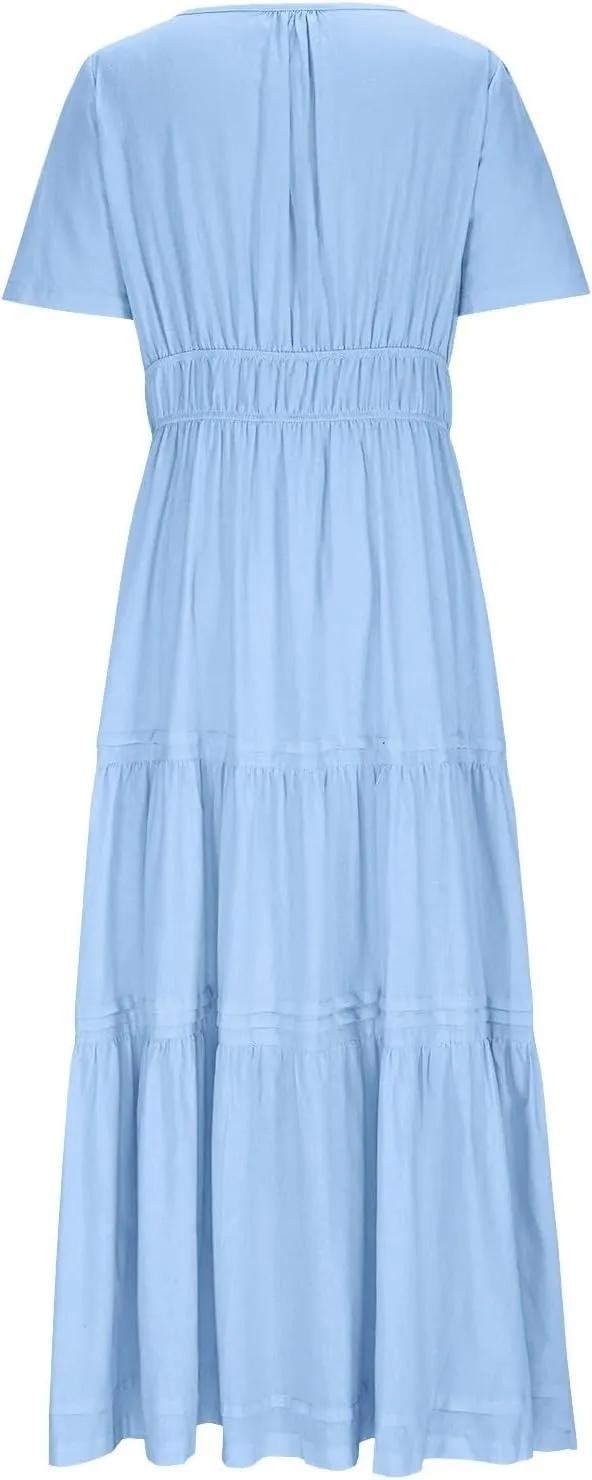 XUNRYAN 2025 Womens Summer Casual Midi Dresses Short Sleeve V Neck Elastic Waist Elegant Boho Flowy Long Dress Beach Sundress
