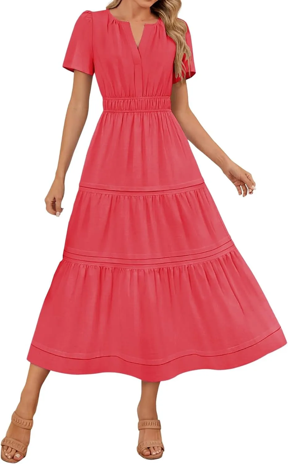 XUNRYAN 2025 Womens Summer Casual Midi Dresses Short Sleeve V Neck Elastic Waist Elegant Boho Flowy Long Dress Beach Sundress