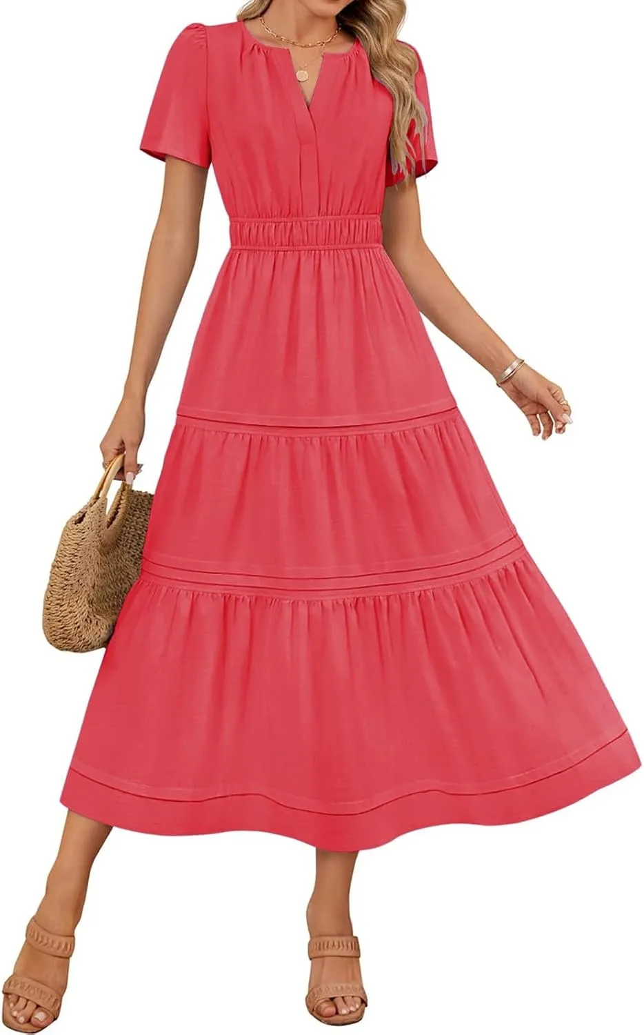 XUNRYAN 2025 Womens Summer Casual Midi Dresses Short Sleeve V Neck Elastic Waist Elegant Boho Flowy Long Dress Beach Sundress