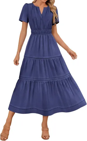 XUNRYAN 2025 Womens Summer Casual Midi Dresses Short Sleeve V Neck Elastic Waist Elegant Boho Flowy Long Dress Beach Sundress